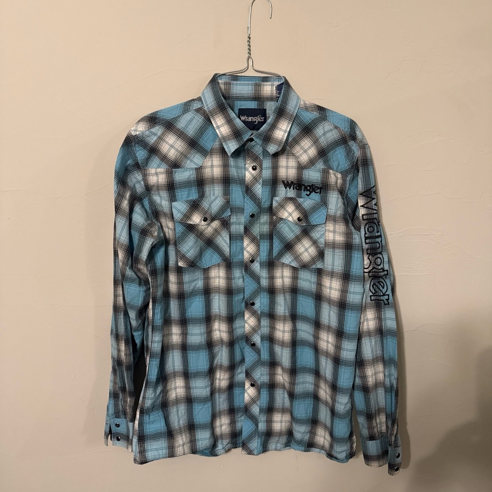 Wrangler Shirt Mens Large Blue Plaid Western Pearl Snap Embroidered Logo XXL